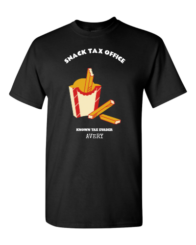 Snack Tax Office on a black adult tee