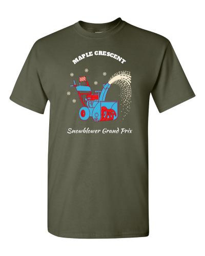 Snowblower Grand Prix on a military green adult tee