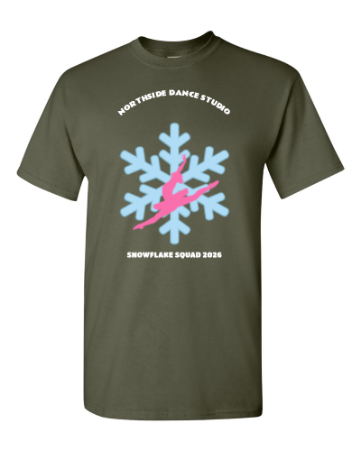 Snowflake Squad on a military green adult tee