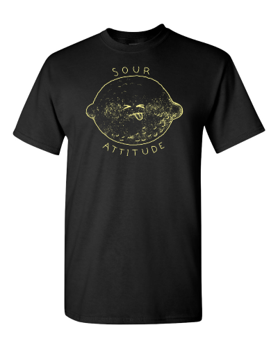Sour Attitude Lemon on a black adult tee