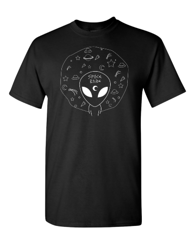 Space Babe Alien on a black adult tee