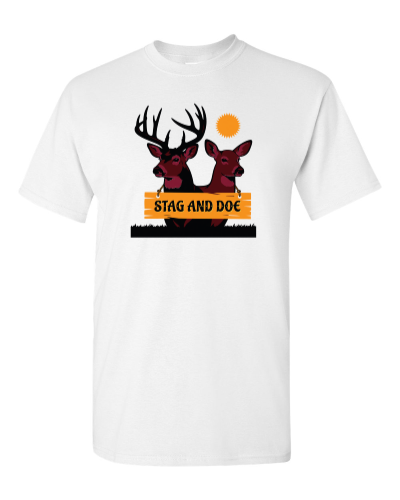 Stag and Doe Plank Sign on a white adult tee