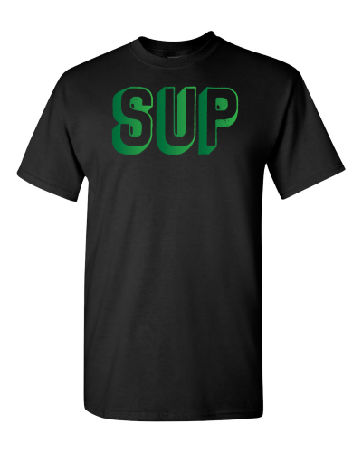 Sup on a black adult tee