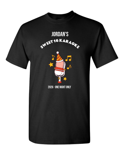 Sweet 16 Karaoke Night on a black adult tee