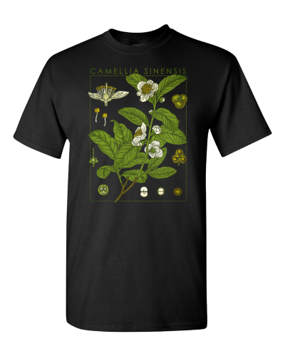 Tea Plant Botanical on a black adult tee