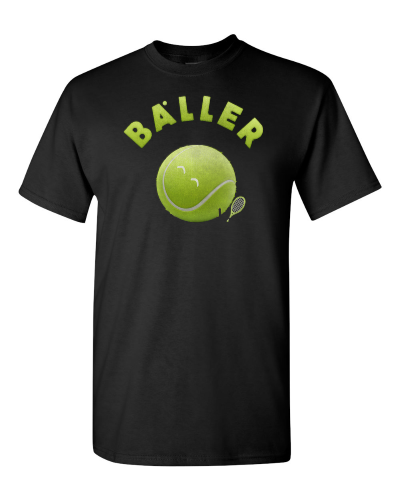 Tennis Baller on a black adult tee