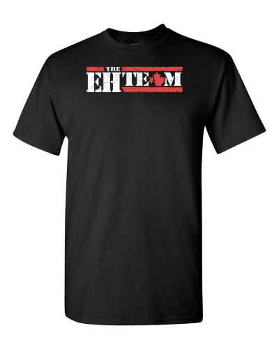 The Eh Team on a black adult tee