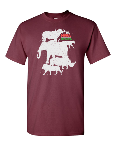 The Mara Kenya on a maroon adult tee