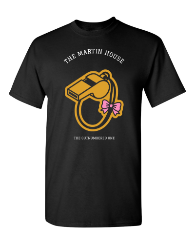 The Outnumbered House on a black adult tee