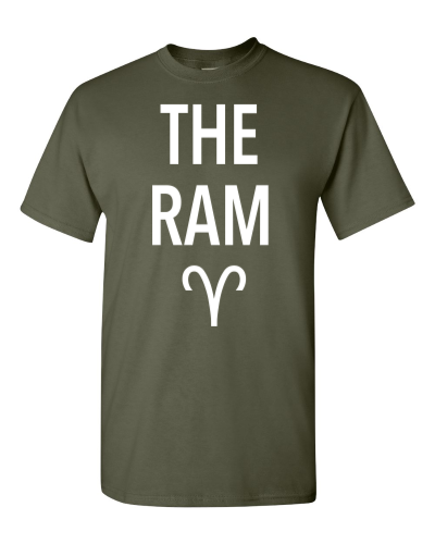 The Ram (Aries) on a military green adult tee