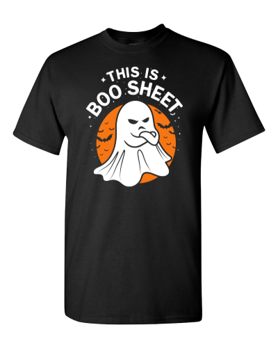 This Is Boo Sheet on a black adult tee