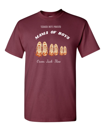 Tired but Proud Type Stack on a maroon adult tee