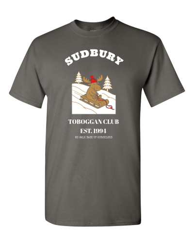 Toboggan Club on a charcoal adult tee