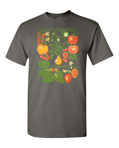 Tomato Botanical on a charcoal adult tee