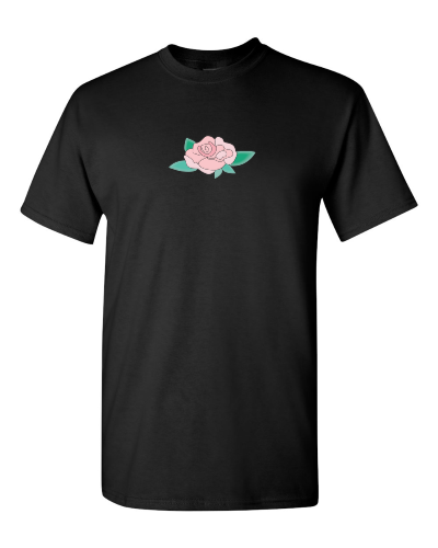 Troubled Rose on a black adult tee
