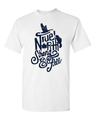 True North Strong and Free on a white adult tee