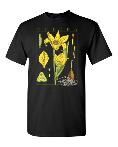 Tulip Botanical on a black adult tee