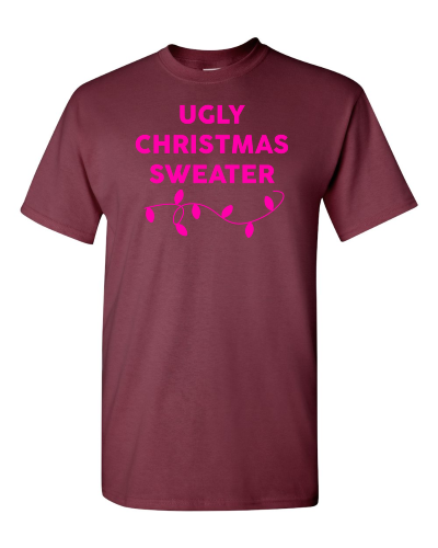 Ugly Christmas Sweater on a maroon adult tee