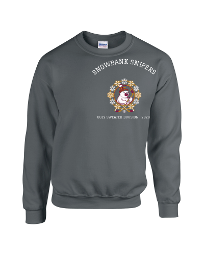 Ugly Sweater Division Hockey Knit on a charcoal crewneck sweatshirt