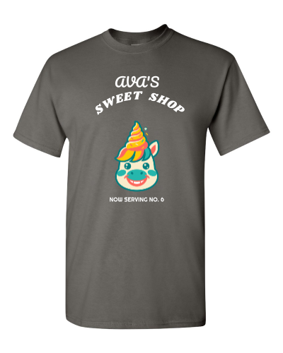 Unicorn Sweet Shop on a charcoal adult tee
