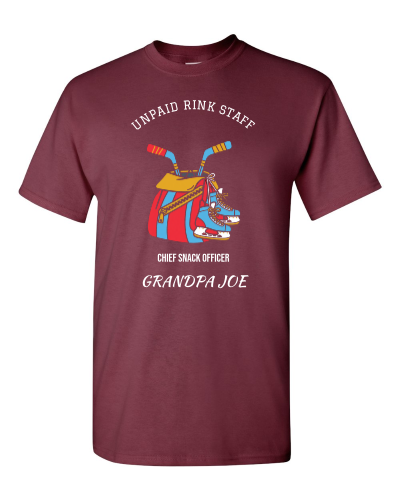 Unpaid Rink Staff on a maroon adult tee