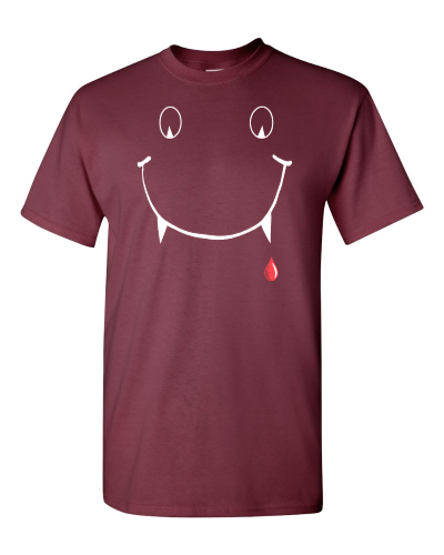 Vampire Smiley on a maroon adult tee