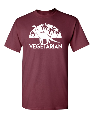 Vegetarian Dinosaur on a maroon adult tee