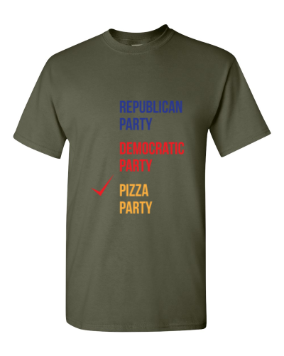 Vote Pizza Party on a military green adult tee