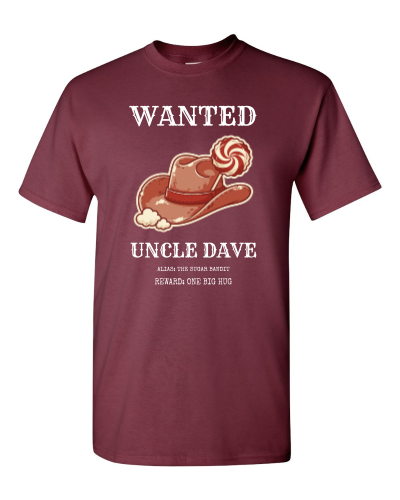 Wanted: Family Outlaws on a maroon adult tee