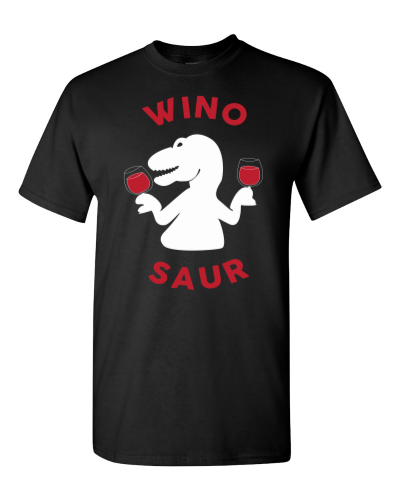 Winosaur on a black adult tee