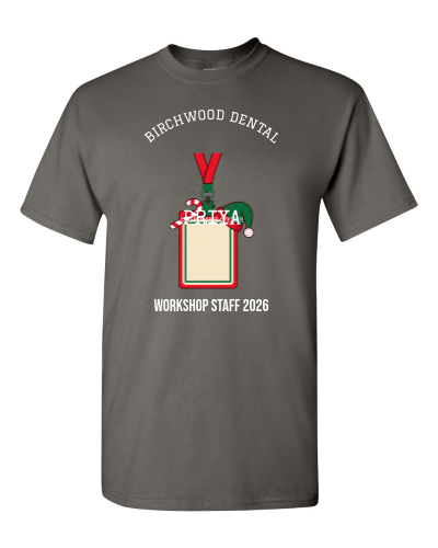 Workshop Staff Badge on a charcoal adult tee